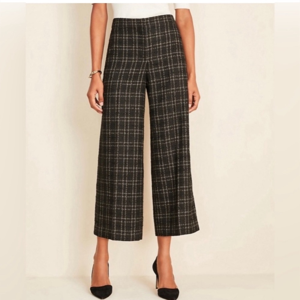 Ann Taylor The Marina Crop Tweed High Rise Wide Leg Pant Black Gold Size 00P NWT